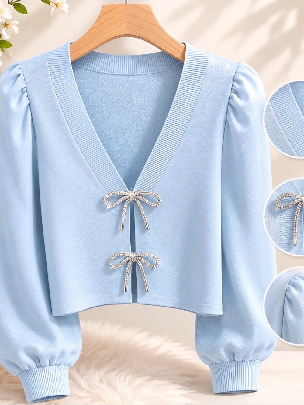Express Light Blue V-Neck Knit Cardigan with Bow Accents